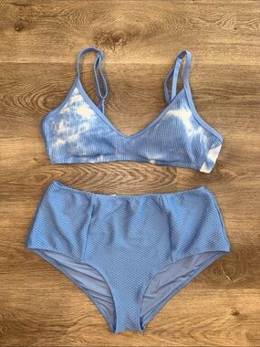 aerie Light Blue Tie-Dye Ribbed Bikini Set